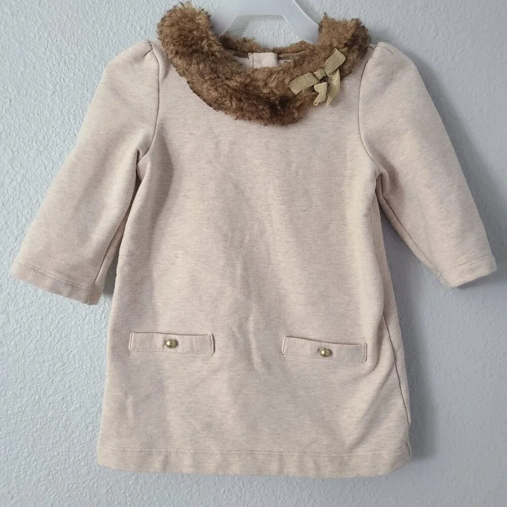 Janie and Jack Girls Faux Fur Collar Sweater Dress Beige Size 3